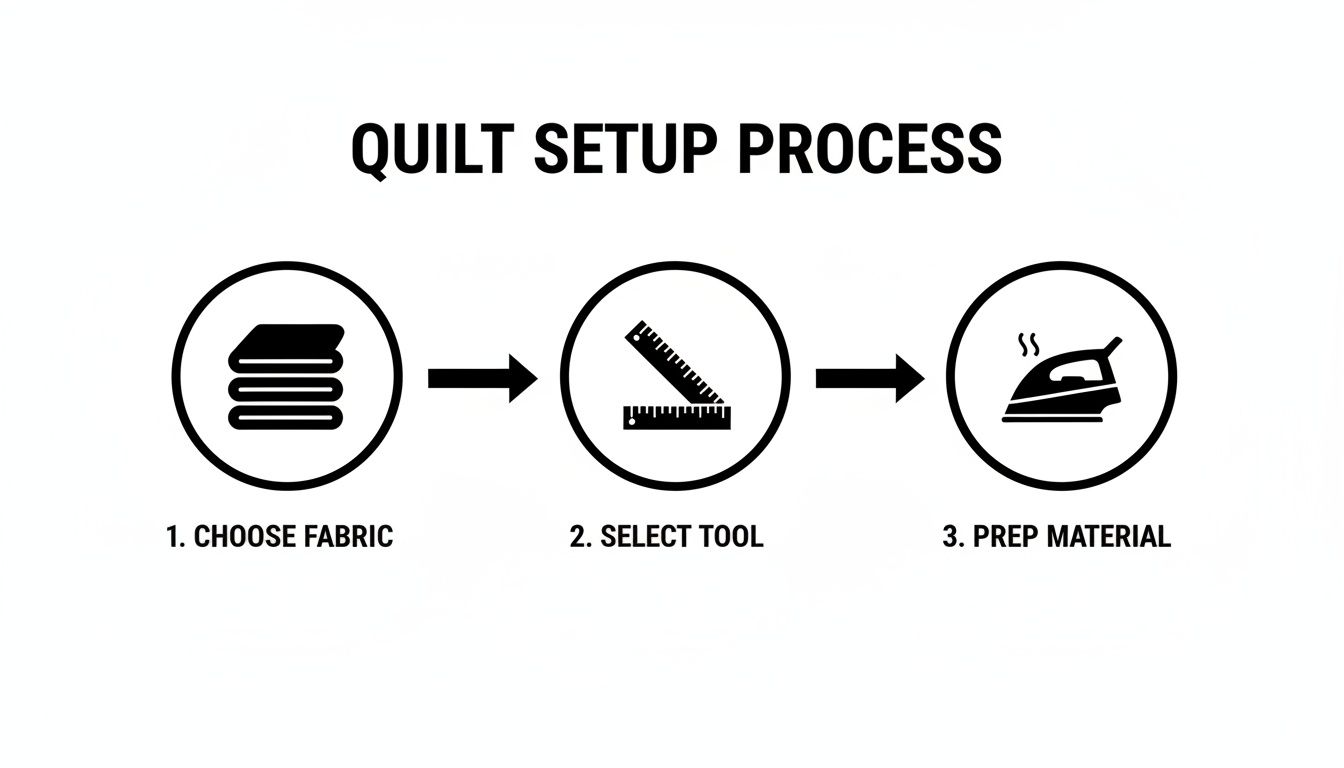 Diagram illustrating the quilt setup process with icons for choosing fabric, selecting tools, and prepping material.
