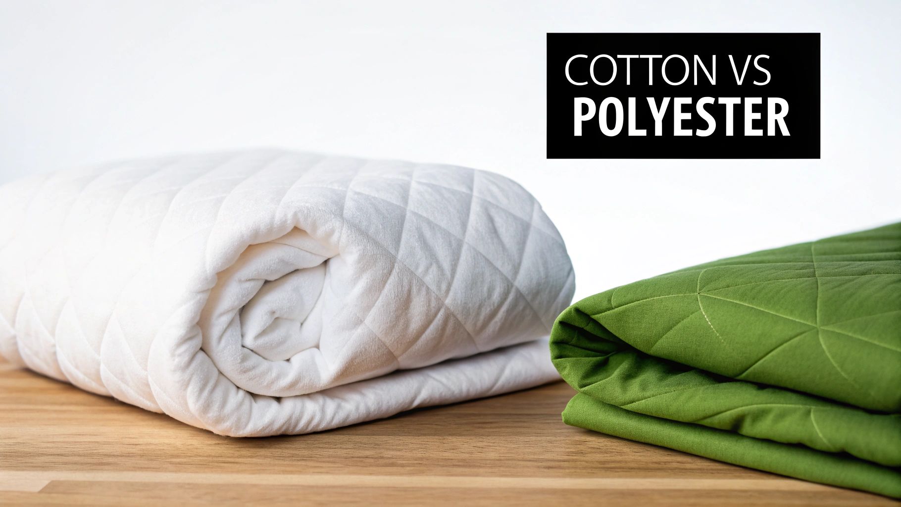 Close-up of a white and green quilted fabric, possibly cotton and polyester, on a wooden table.