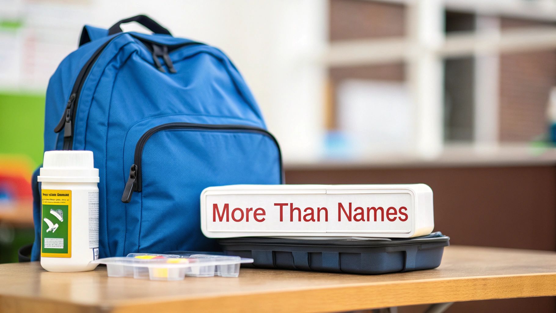 A blue backpack, white bottle, and 'More Than Names' box on a wooden desk with school items.
