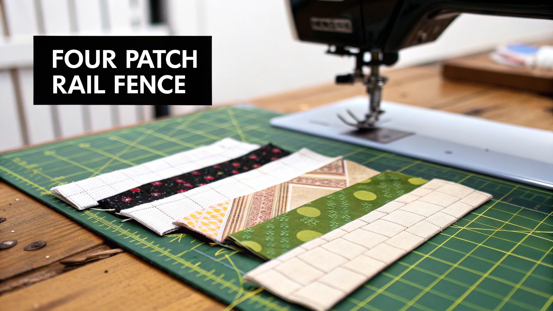 Colorful fabric strips for a 'Four Patch Rail Fence' quilt on a green cutting mat next to a sewing machine.