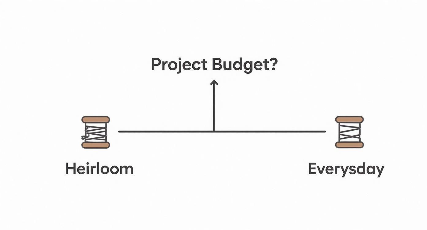 An infographic comparing heirloom versus everyday thread with 'Project Budget?' as a central question.