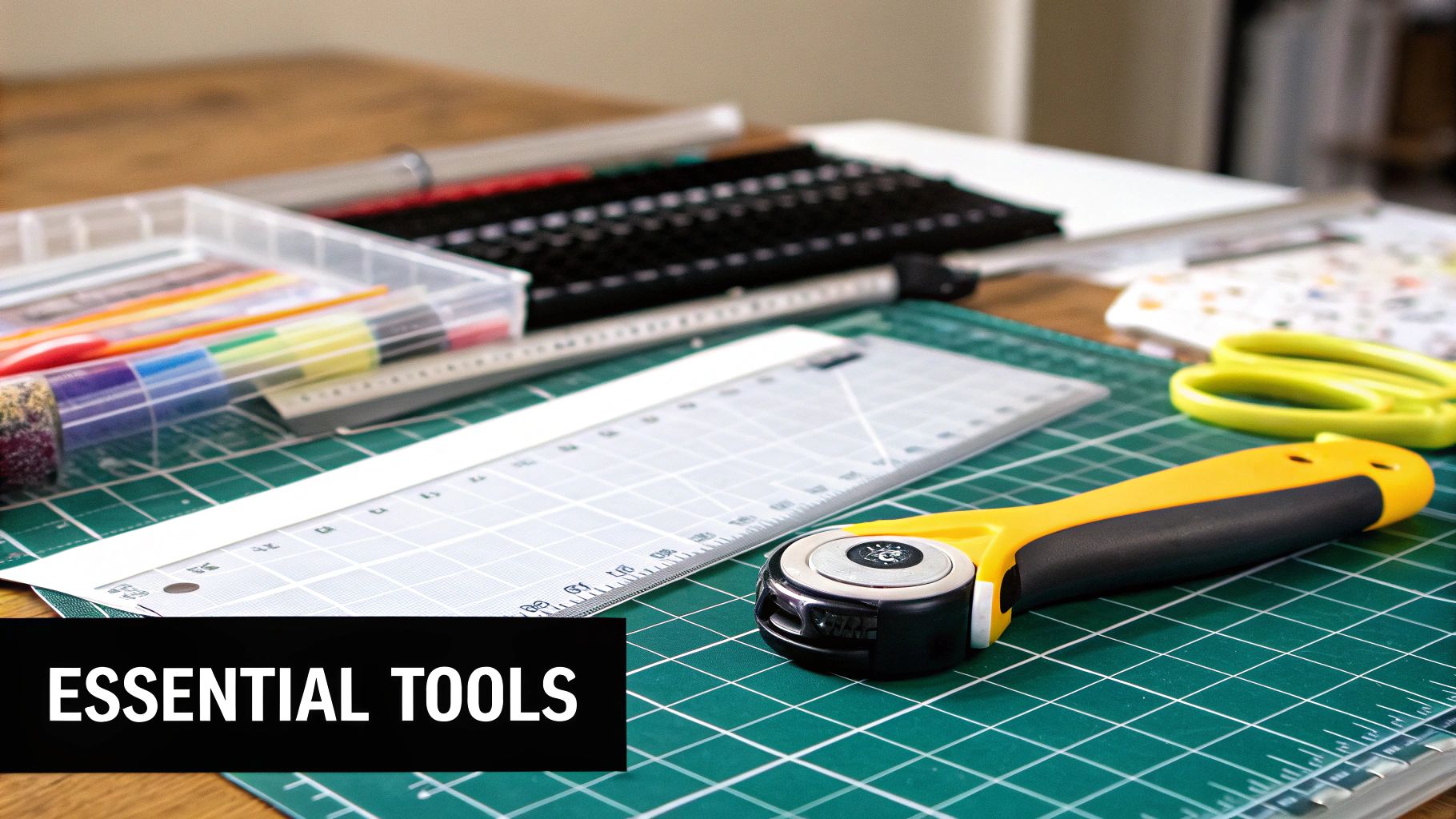 A collection of quilting tools like a rotary cutter, ruler, and self-healing mat laid out on a table.