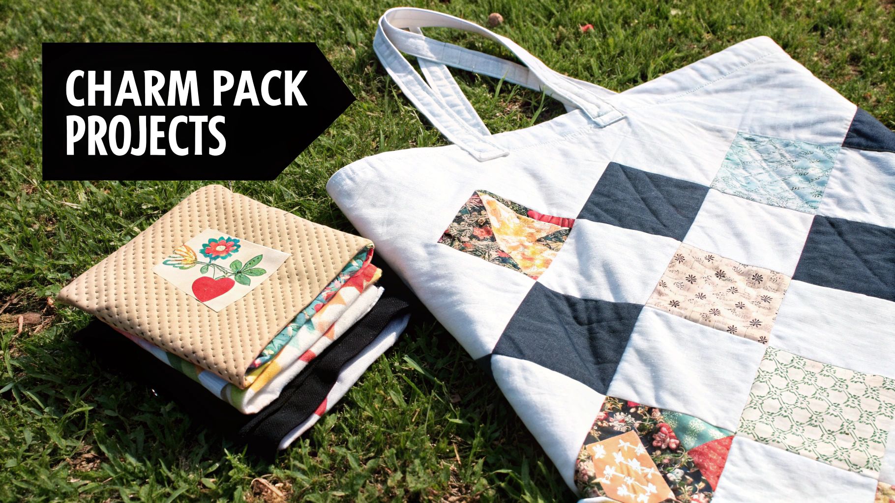 A stack of fabric charm packs and various quilted projects, including a tote bag, on green grass.