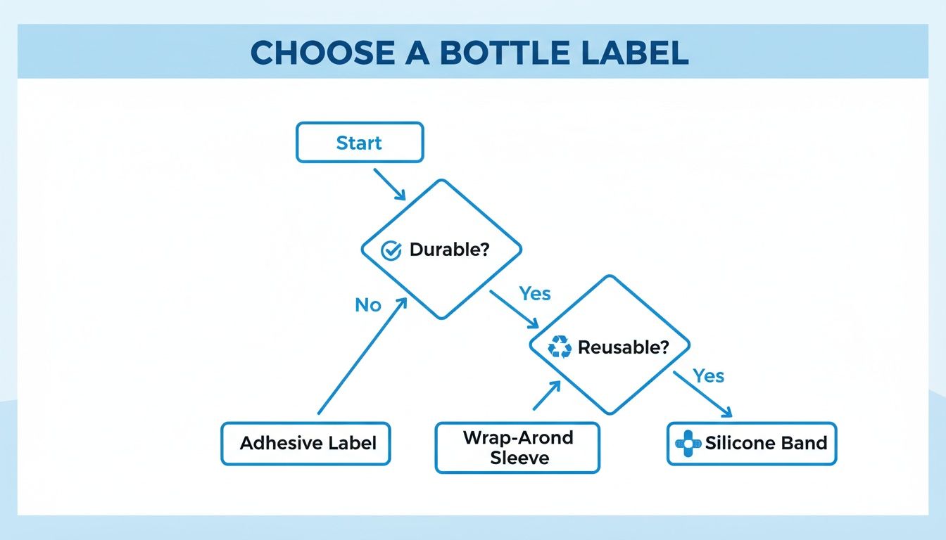 Flowchart guiding the selection of bottle labels based on durability and reusability.