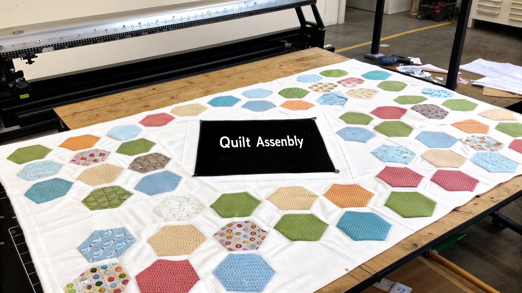 Multiple English paper pieced hexagon flower motifs being arranged on a surface to form a quilt top
