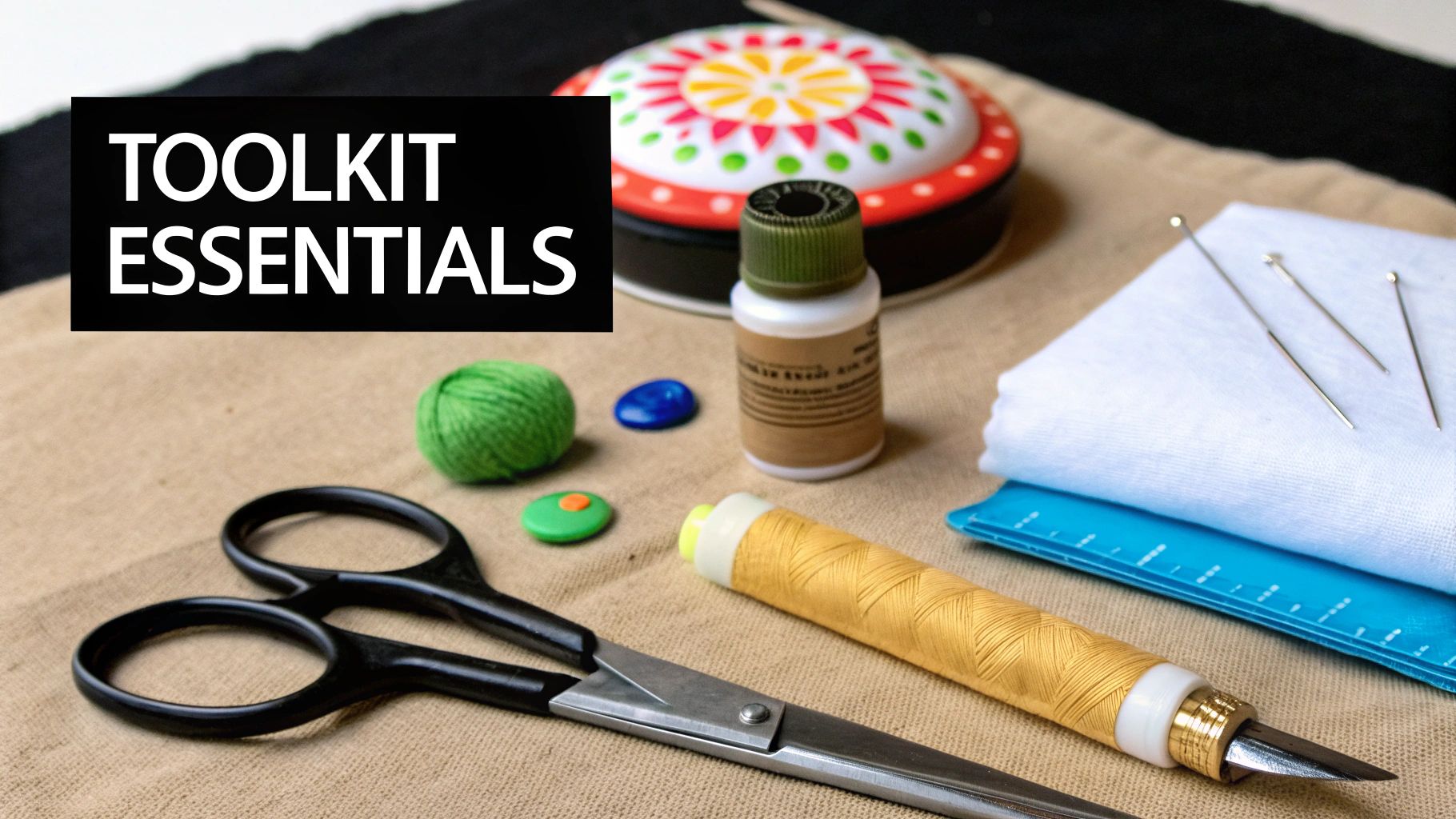A flat lay of sewing toolkit essentials including scissors, gold thread, pins, and small craft items.