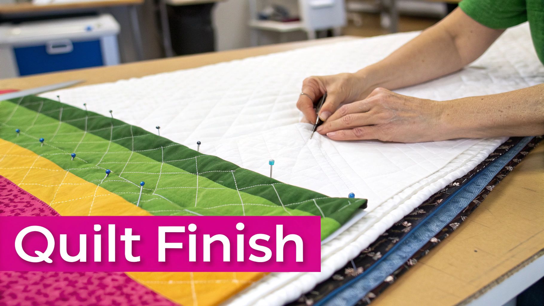 A person attaching binding to the edge of a colorful quilt.