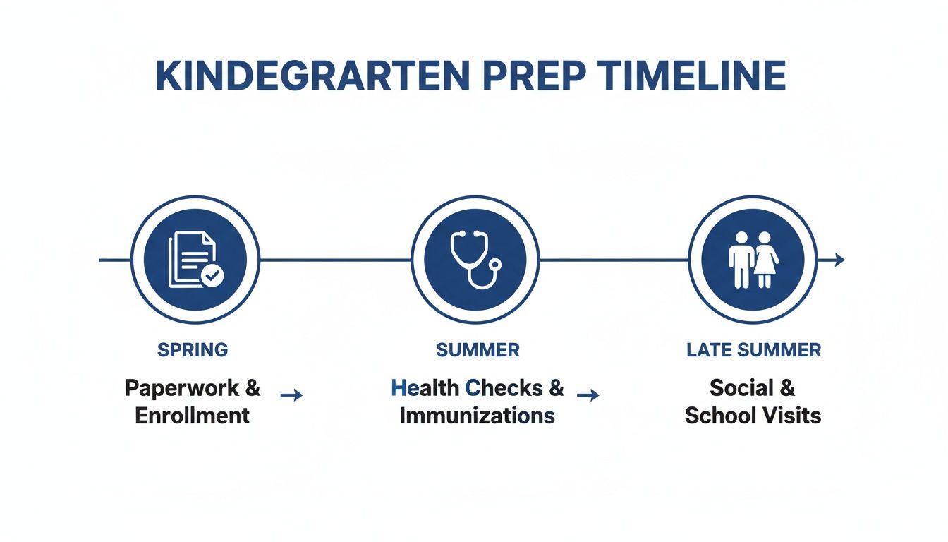 A visual timeline outlining kindergarten preparation steps: paperwork, health checks, and school visits.