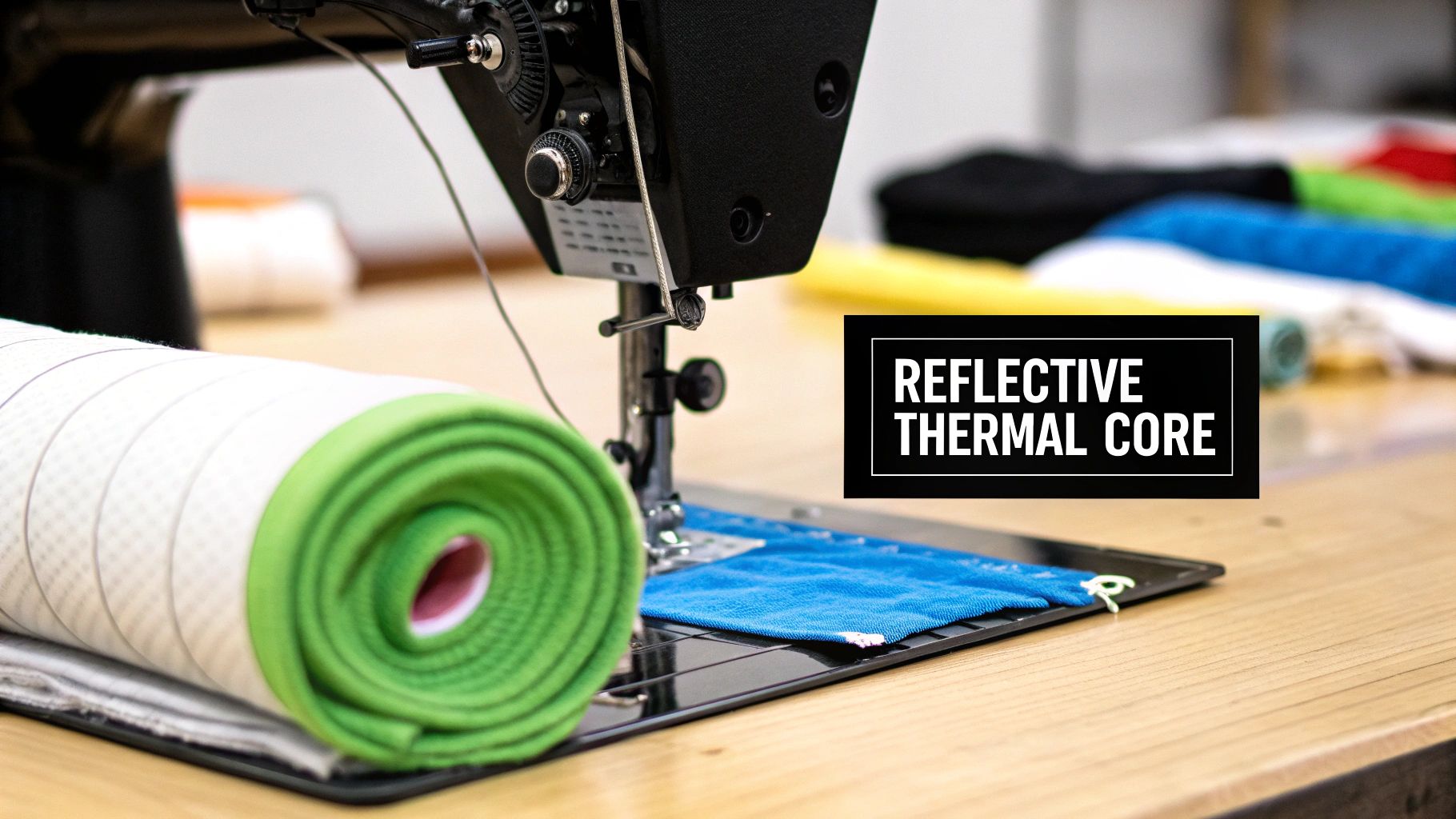A sewing machine works on a reflective thermal core batting, with other colorful fabrics nearby.