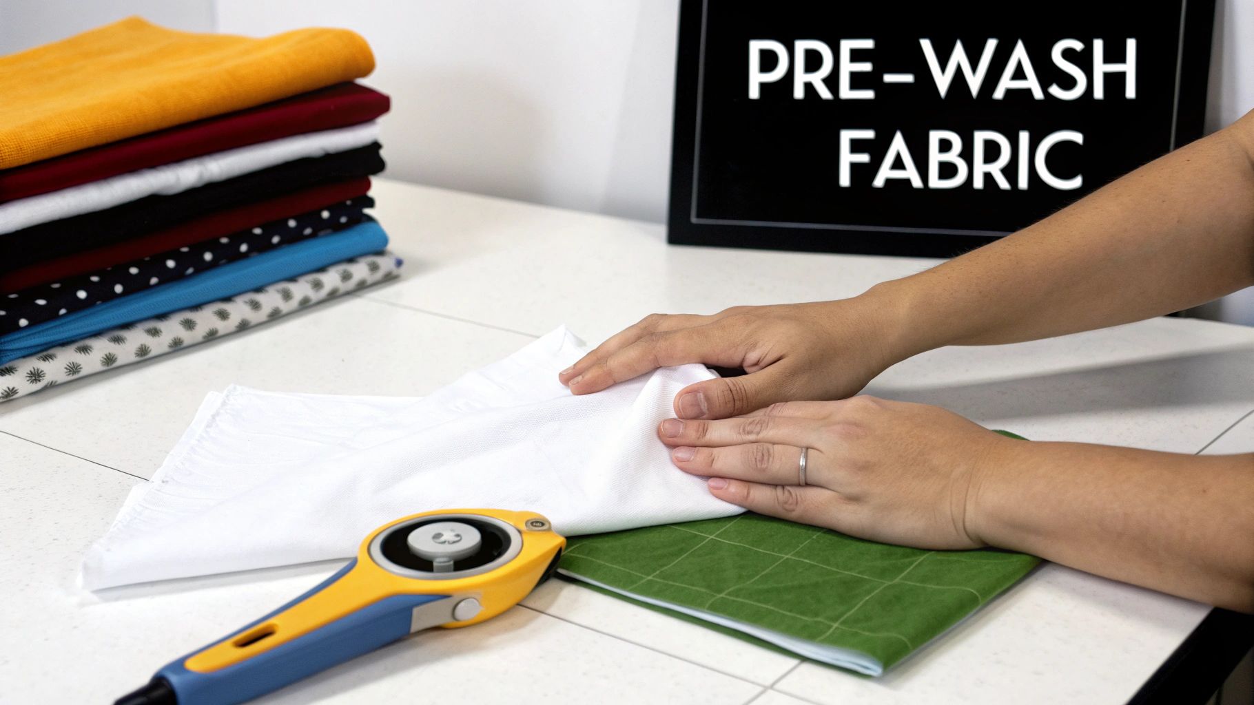 A vibrant assortment of neatly folded quilting fabrics, showcasing a variety of colors and patterns.