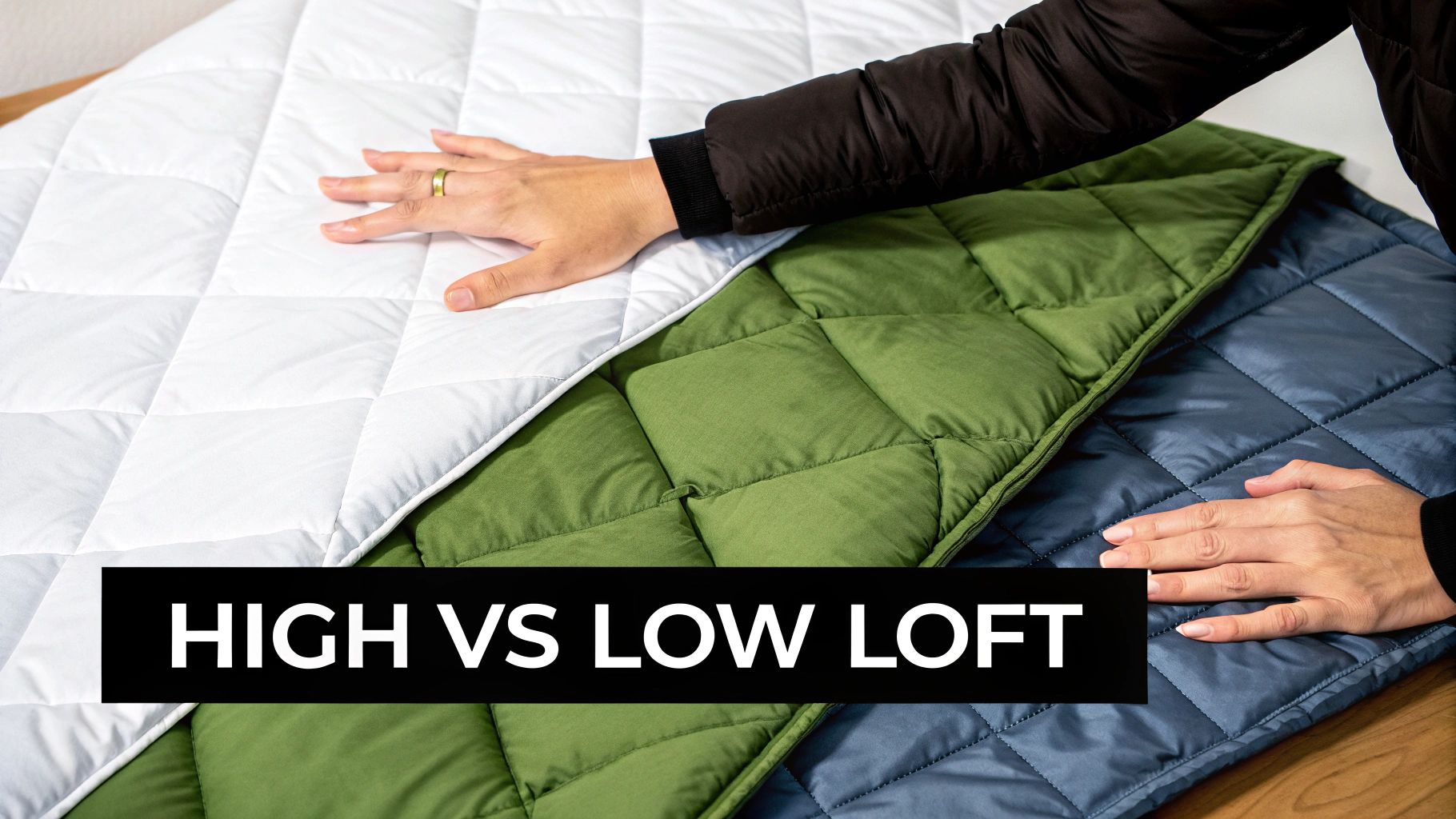 A person's hands compare a thick white high loft quilt with thinner green and blue low loft quilts.