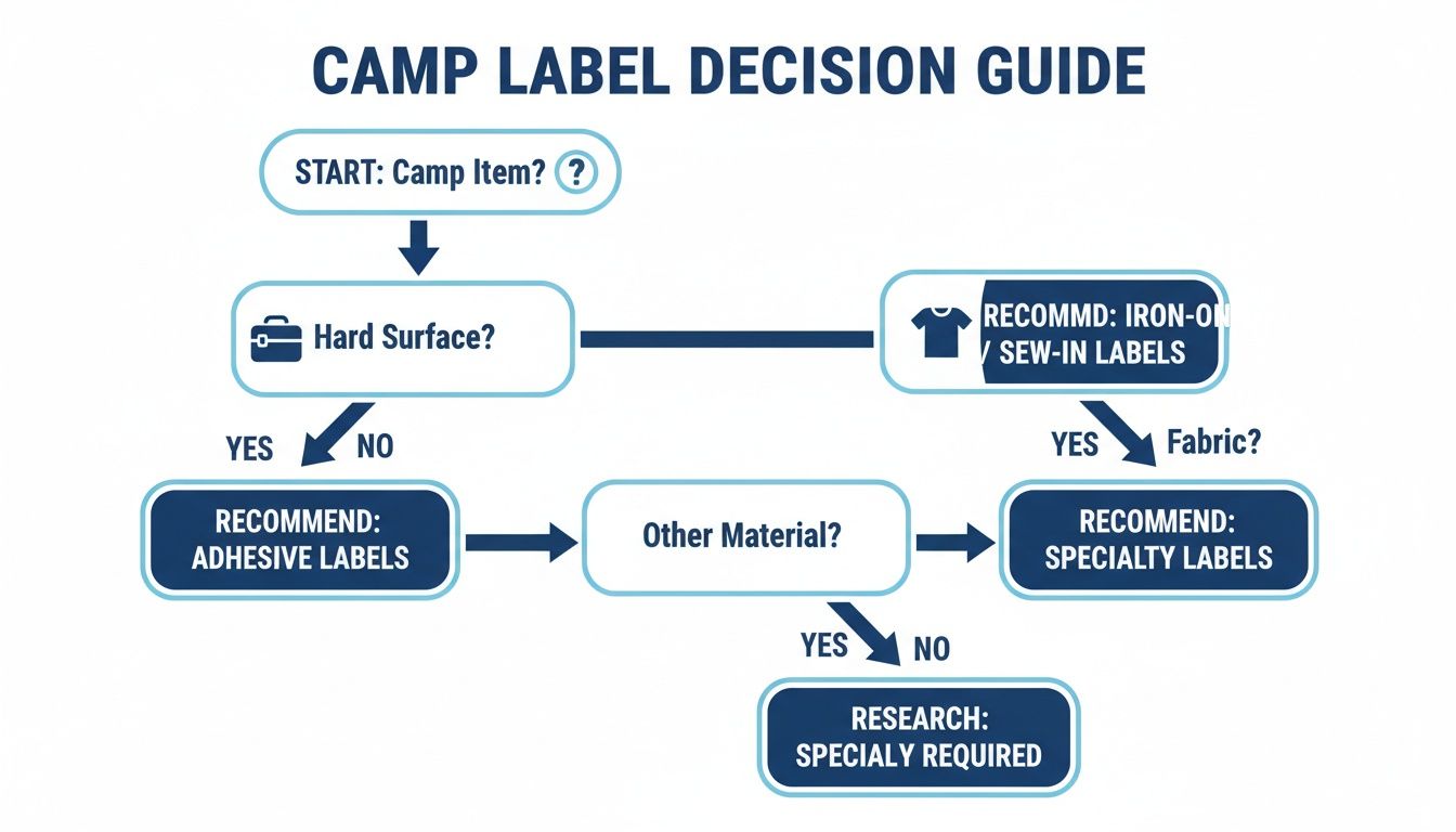 Flowchart guiding the selection of camp labels based on item surface type and material.