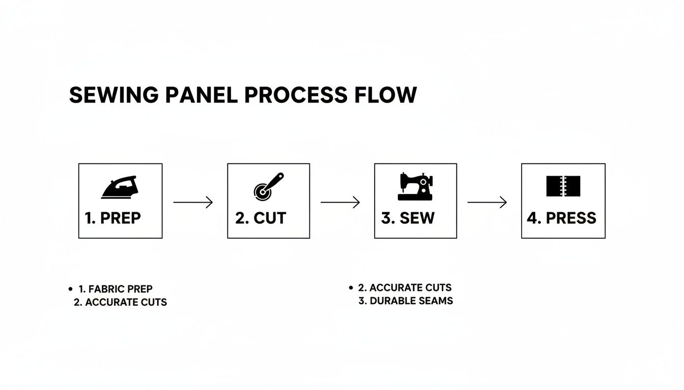 Flowchart showing a four-step sewing process: prep, cut, sew, and press, with icons.