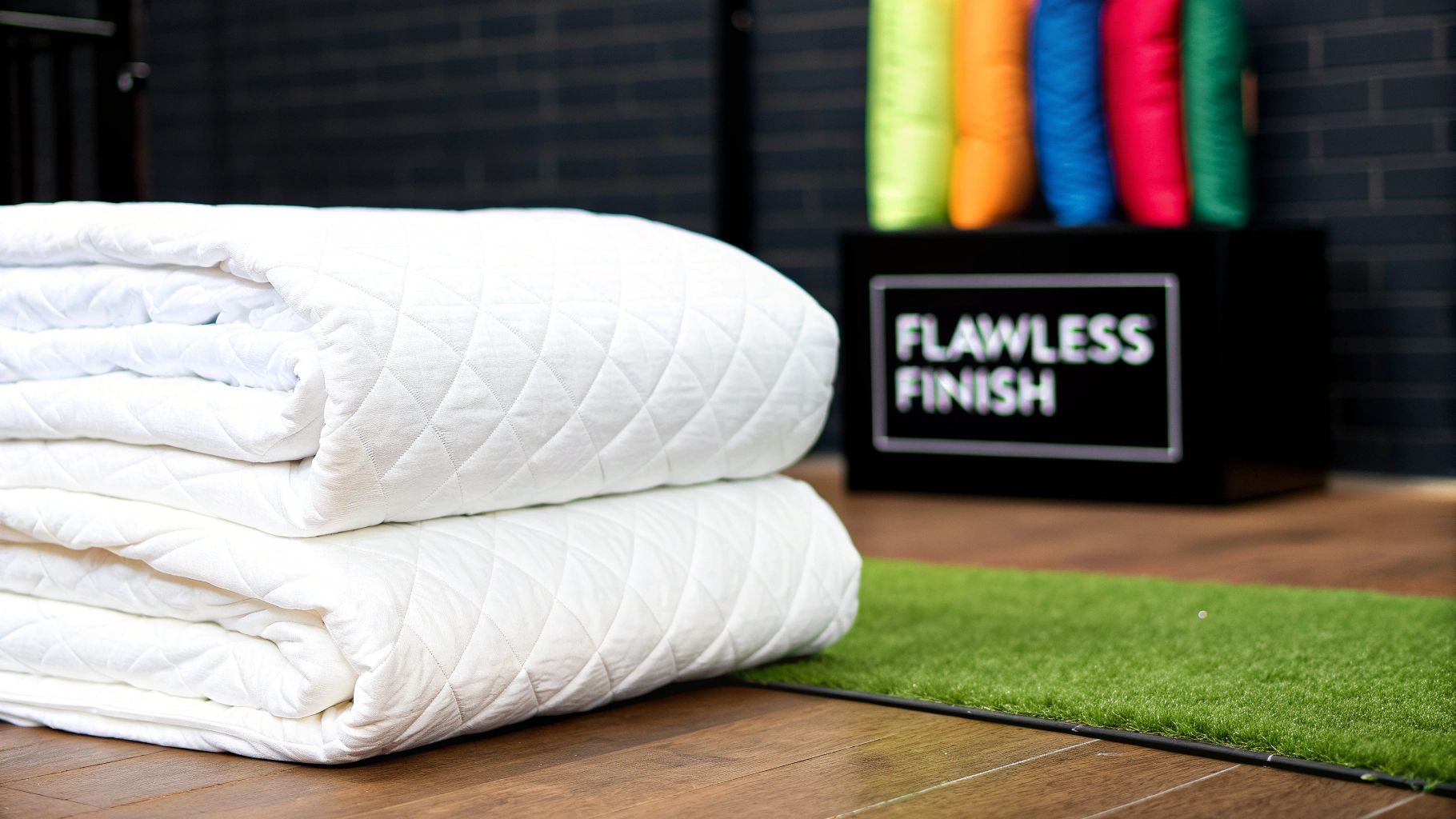 Two neatly folded white quilted mattress protectors or blankets stacked on a wooden floor.