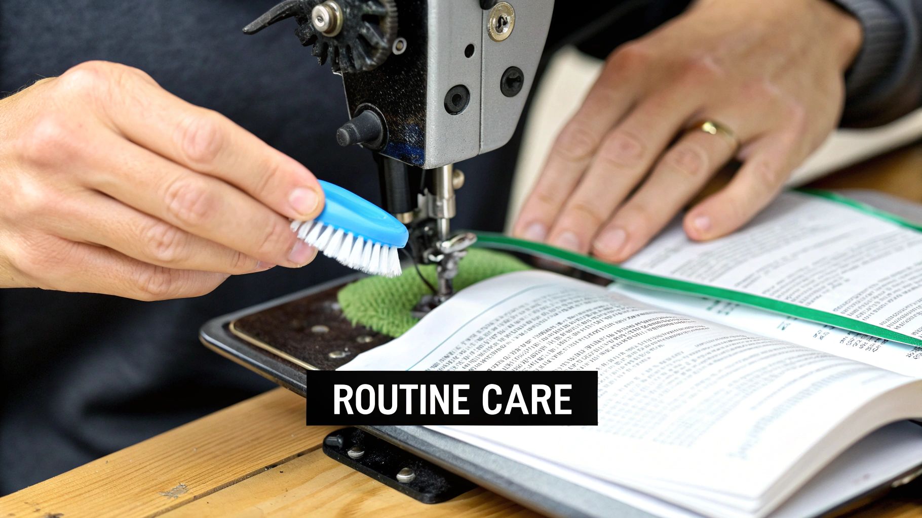 A person cleaning their sewing machine with a small brush
