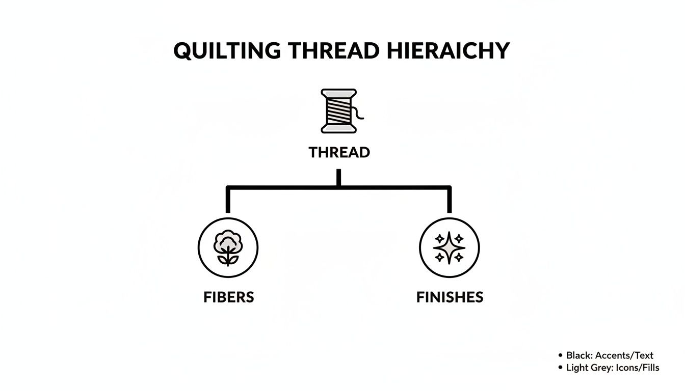 A simple black and white hierarchy diagram illustrating quilting thread composition, breaking down into fibers and finishes.