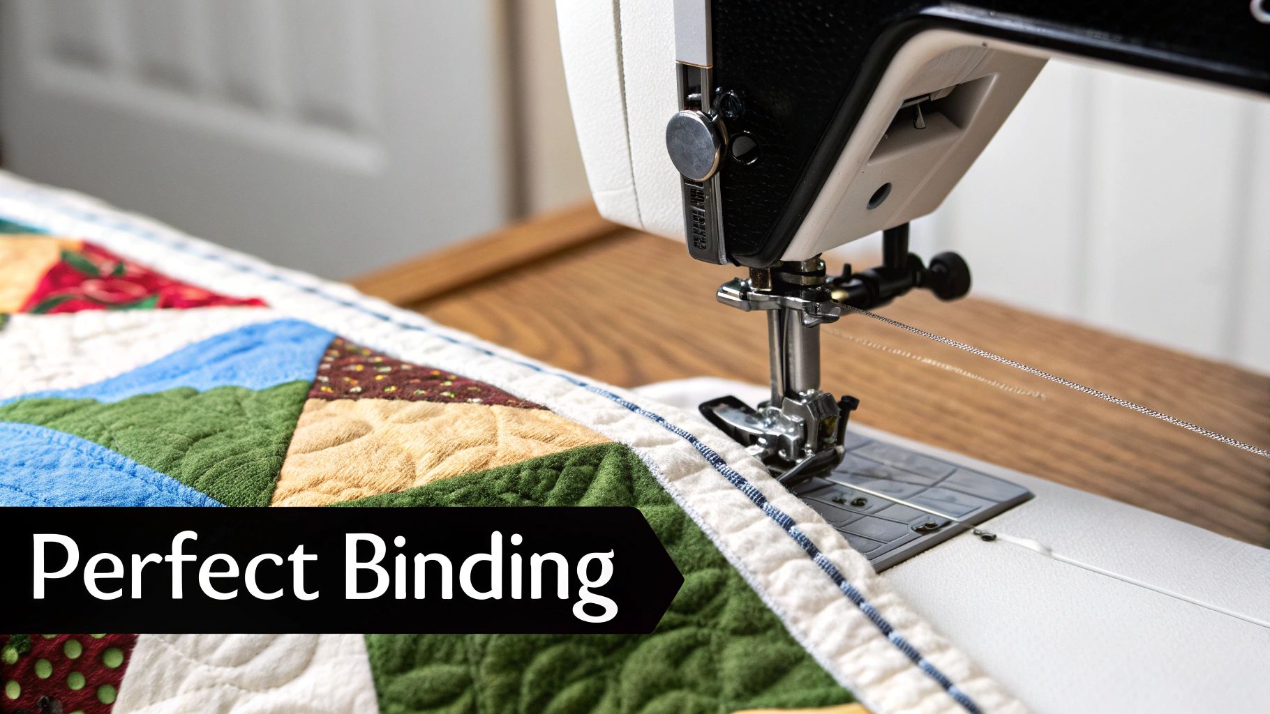 A close-up of hands sewing a binding onto the edge of a quilt.