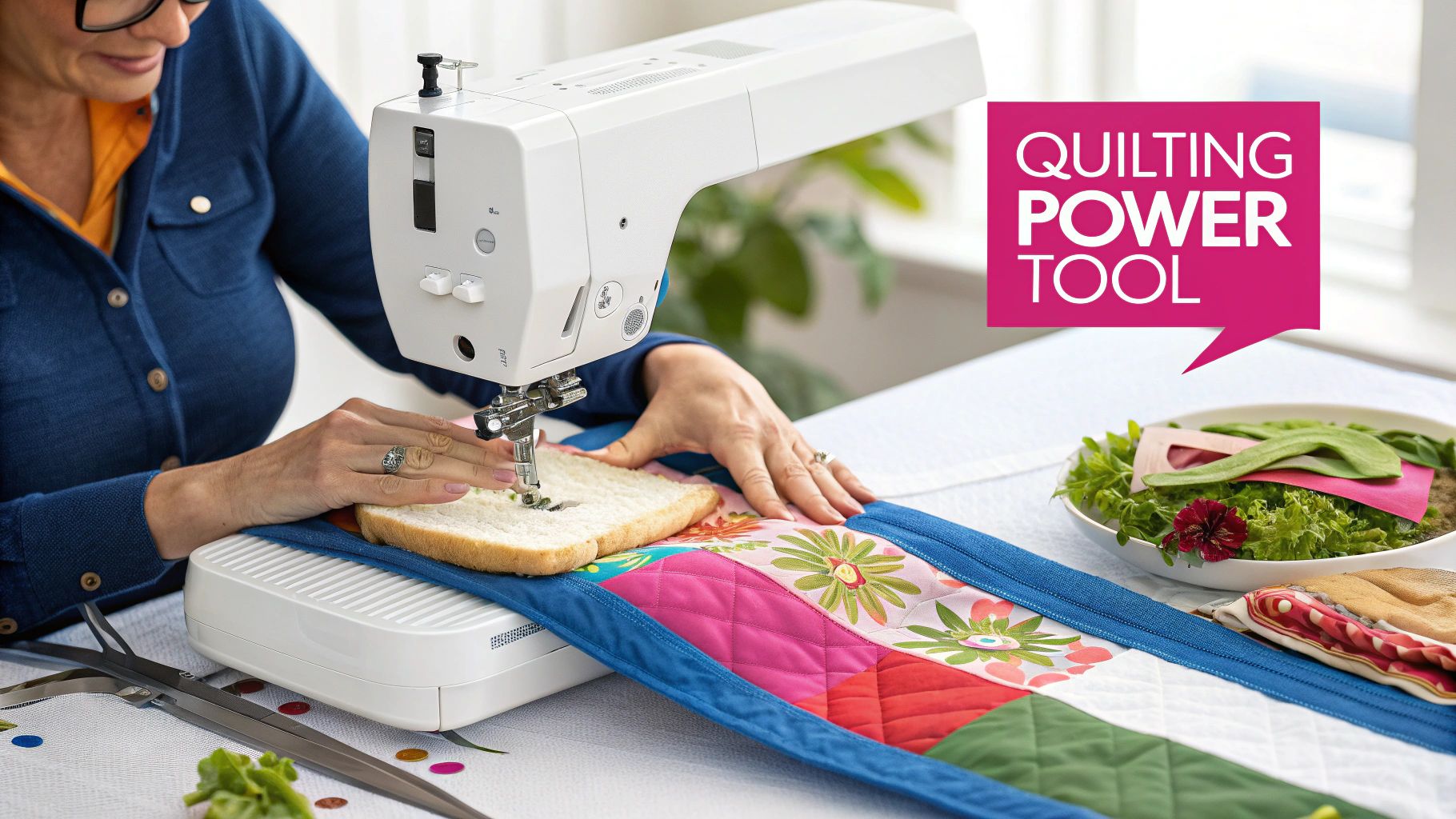 A woman stitches a slice of bread onto colorful quilted fabric with a modern sewing machine.