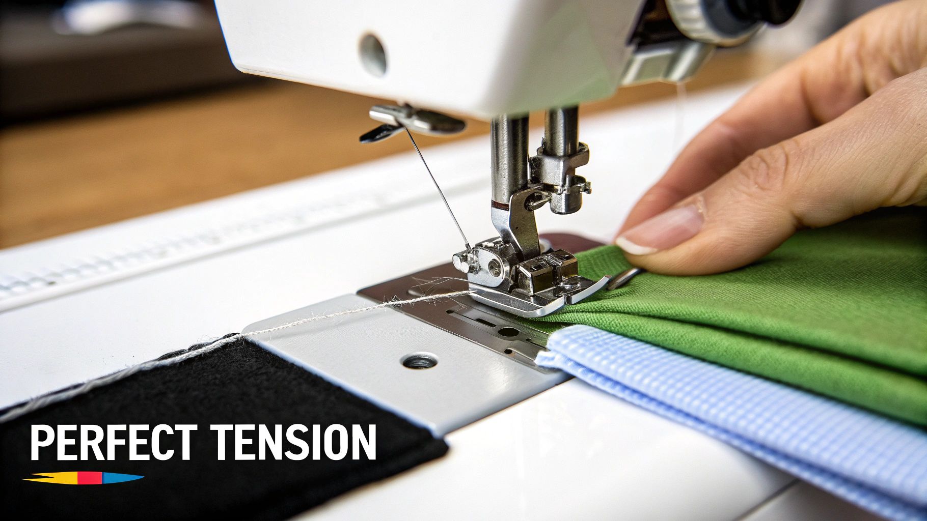 A close-up of a sewing machine stitching green and blue fabric with white thread, showing perfect tension.