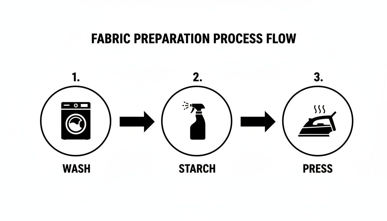 Fabric preparation process flow showing wash, starch, and press steps with respective icons.