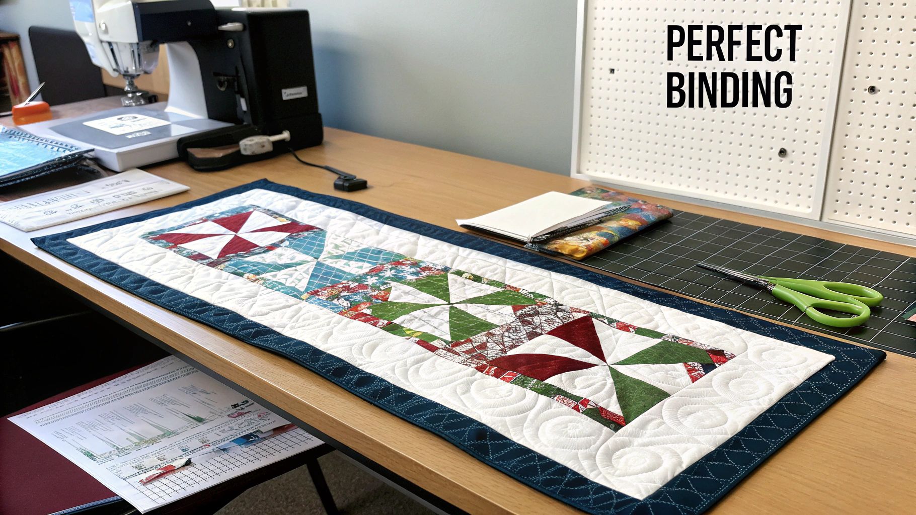 A close-up of a neatly bound quilt corner, showing the fabric and stitches.