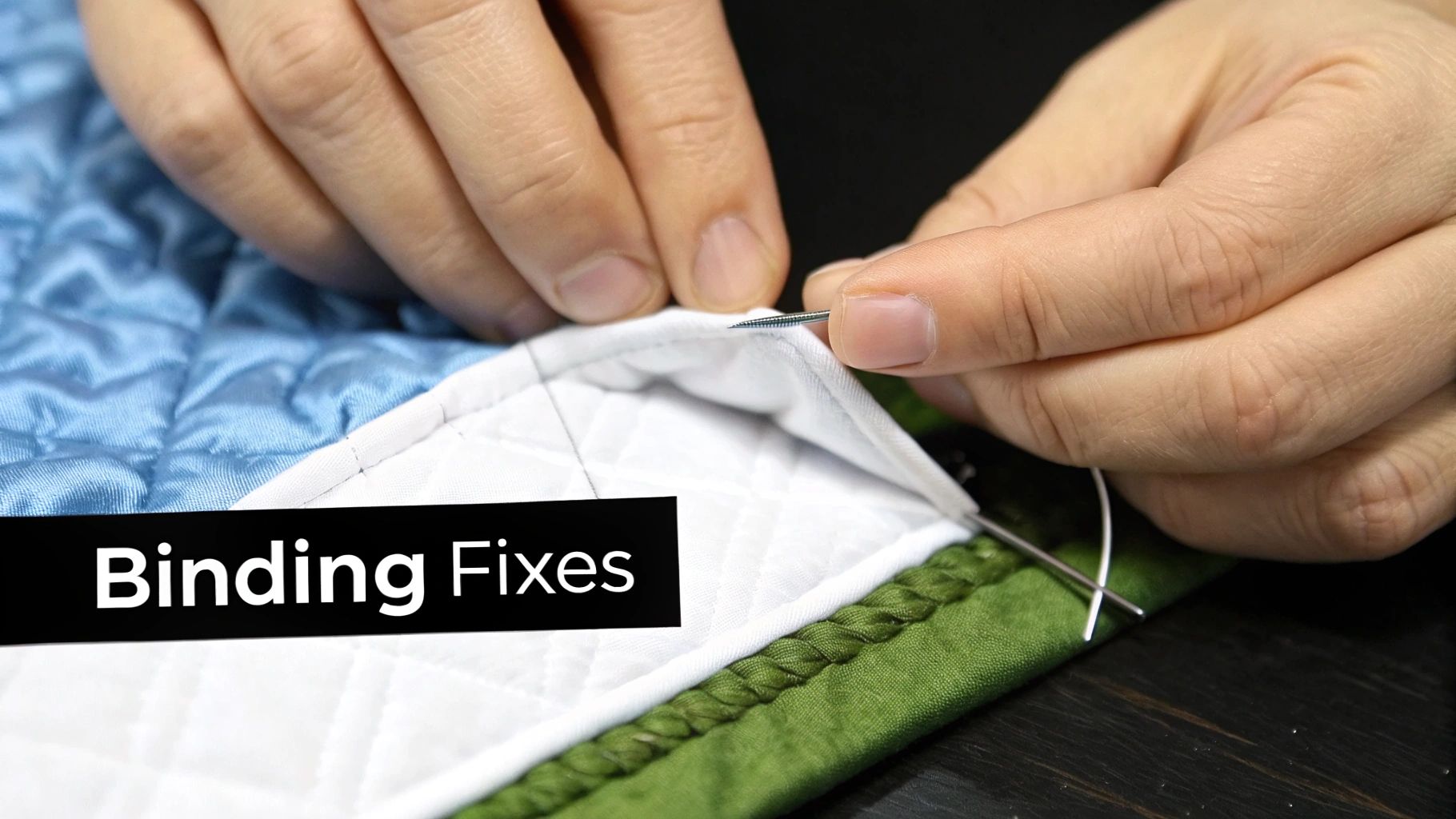 Close-up of hands sewing white binding onto a quilted blanket using a needle and thread.