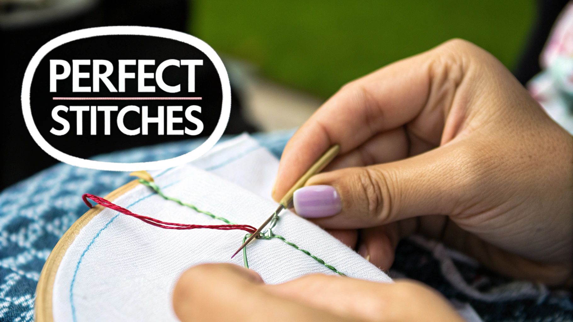 Close-up of hands embroidering with colorful threads on fabric in a hoop, with 'PERFECT STITCHES' text overlay.