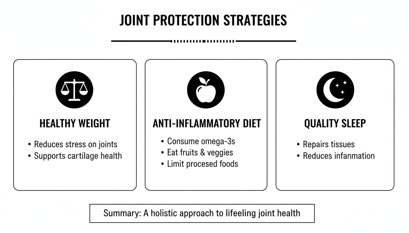 Infographic illustrating joint protection strategies: healthy weight, anti-inflammatory diet, and quality sleep for lifelong joint health.