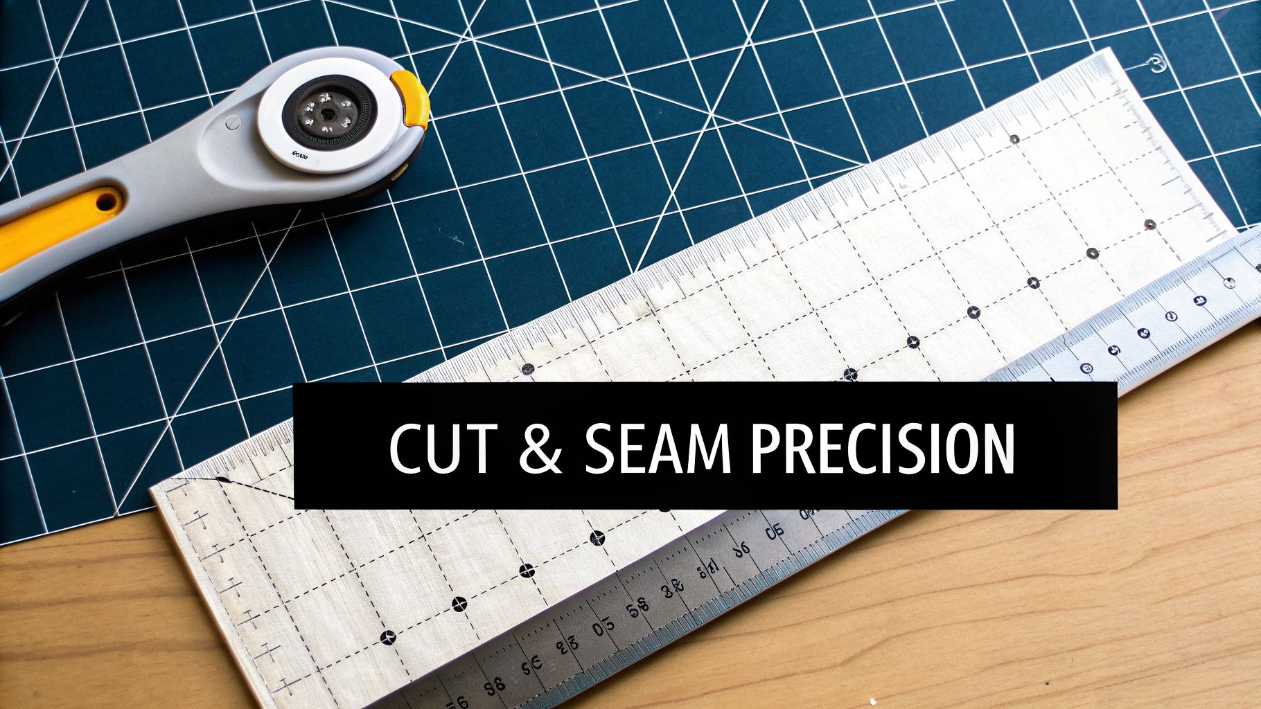 A rotary cutter, clear quilting ruler, and blue cutting mat for precise fabric cutting.