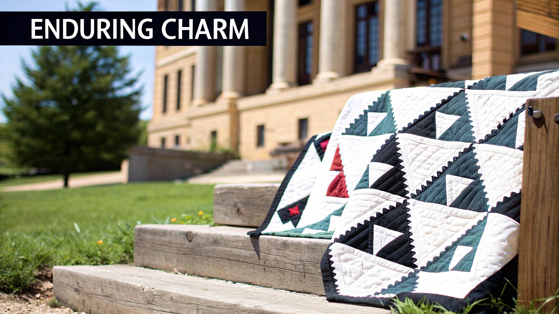 A colorful geometric quilt with white, black, green, and red triangles draped over wooden steps outside a grand building.
