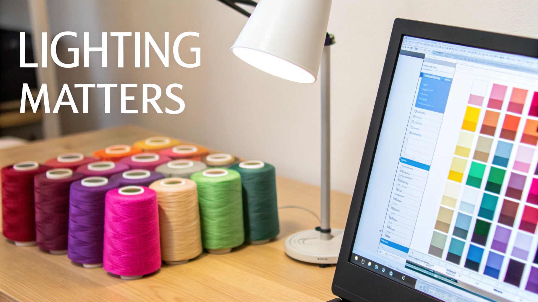 Colorful embroidery threads next to a desk lamp and a computer displaying a color chart, highlighting color accuracy.