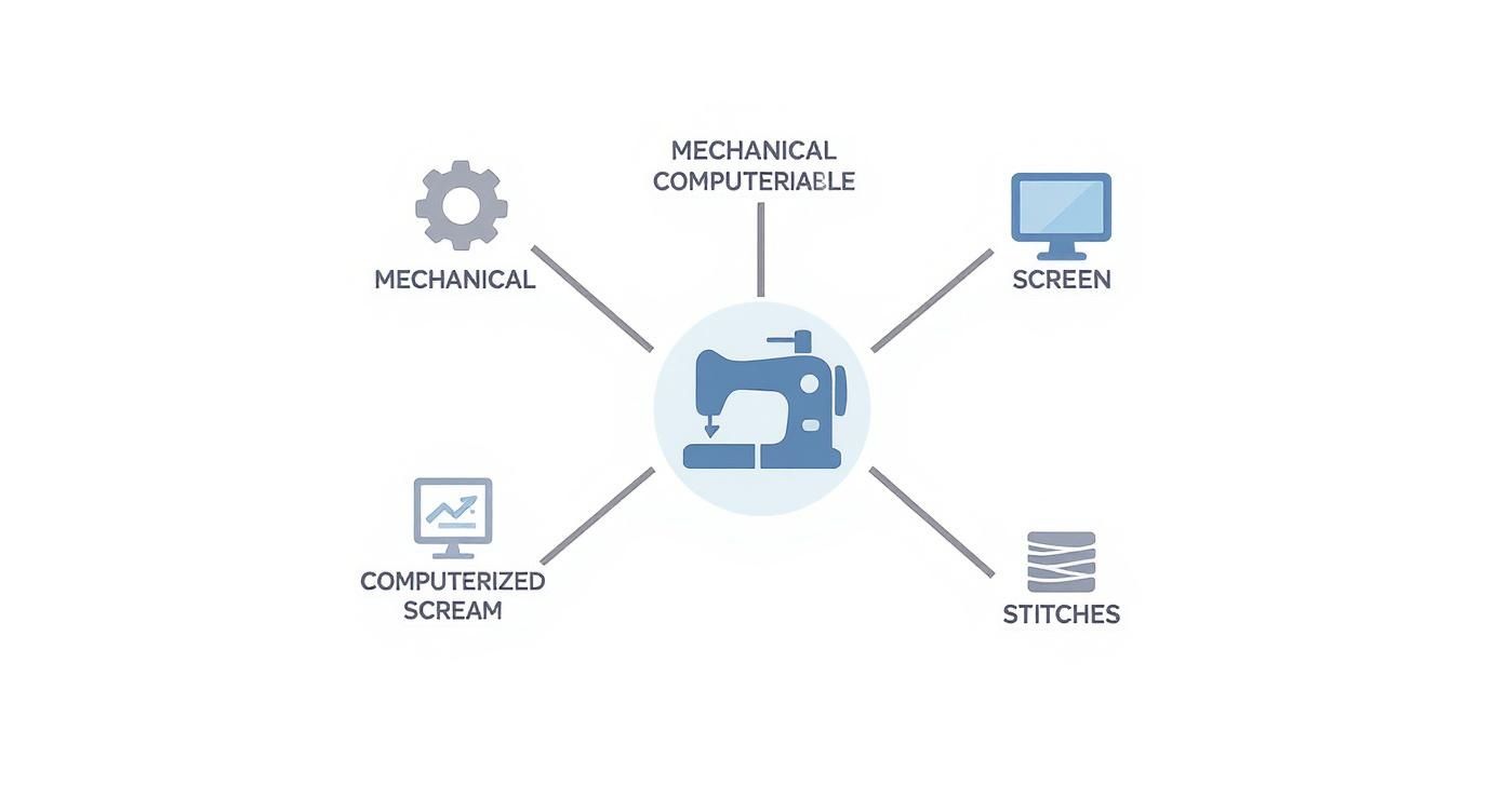 Diagram showing sewing machine surrounded by five key features: mechanical, computerized, screen, stitches, and computerized scream