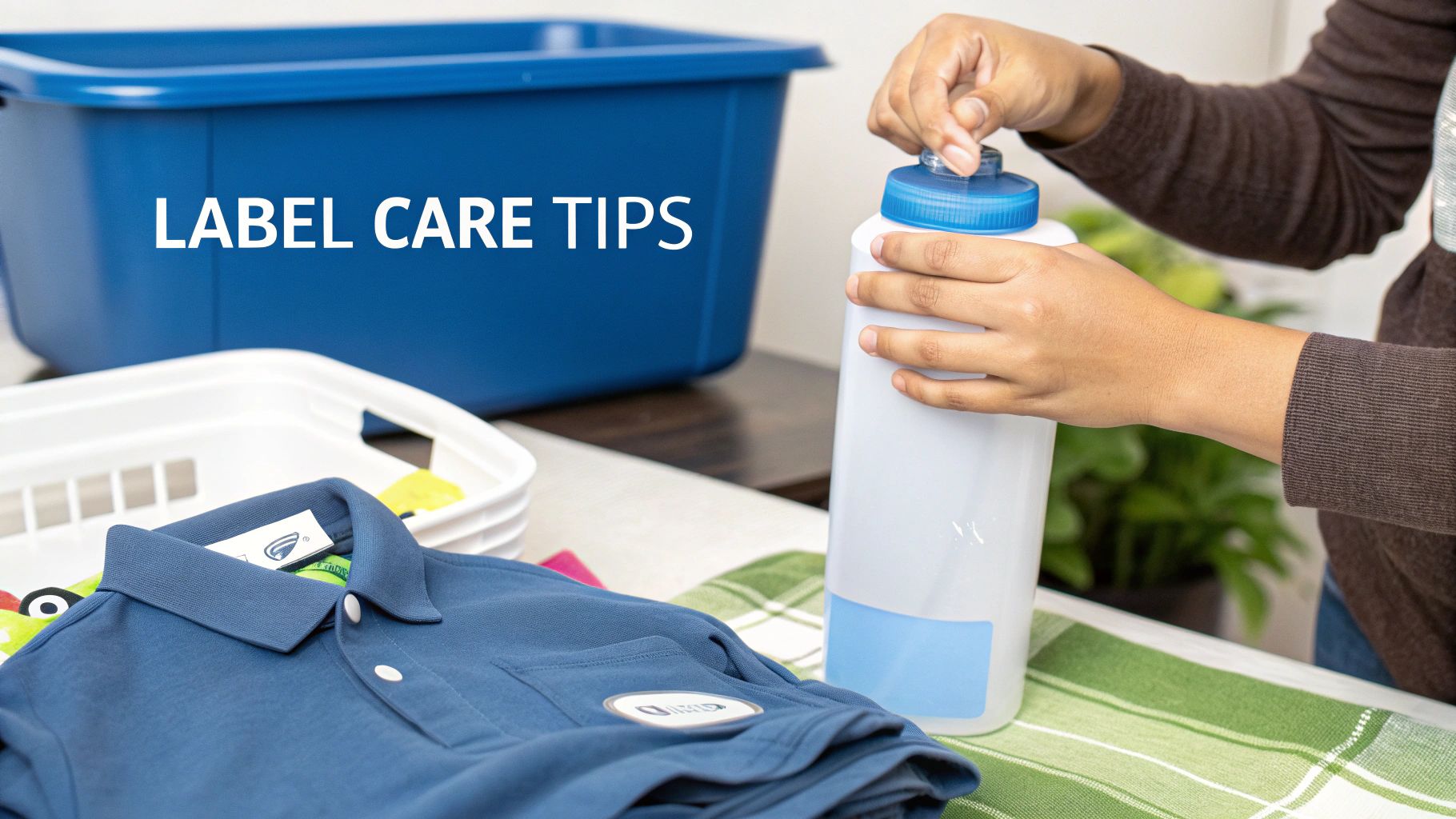 Hands opening a water bottle, a blue polo shirt, laundry basket, and "LABEL CARE TIPS" text.
