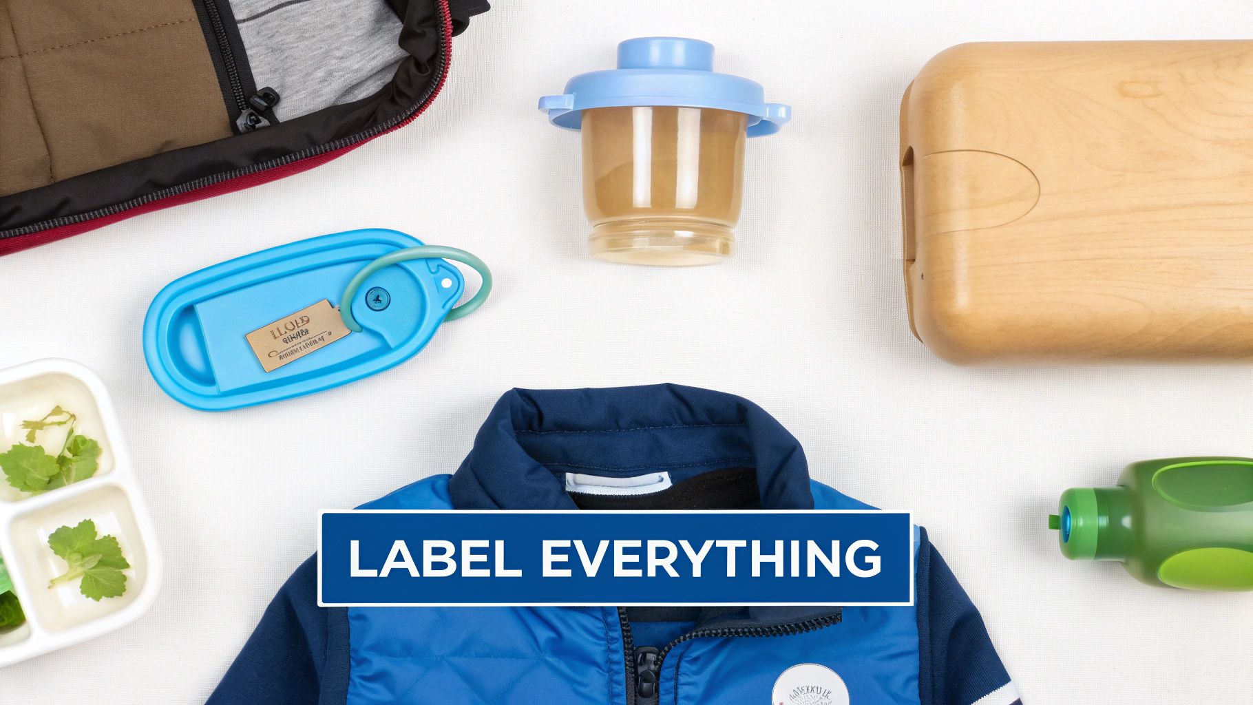Flat lay of labeled daycare essentials including a jacket, sippy cup, lunchbox, and snack container.