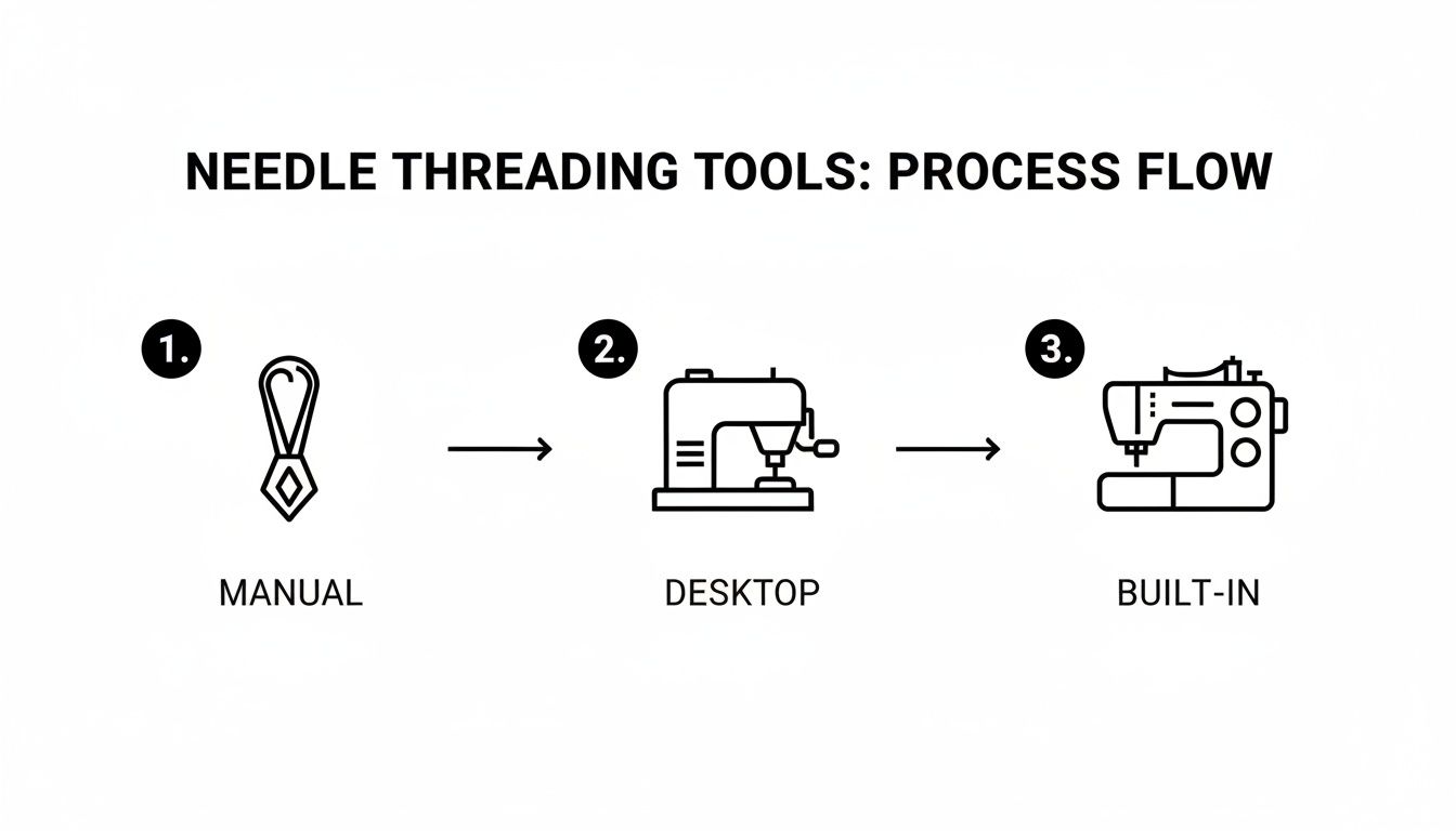 Process flow diagram showing three types of needle threading tools: manual, desktop, and built-in sewing machine threaders.
