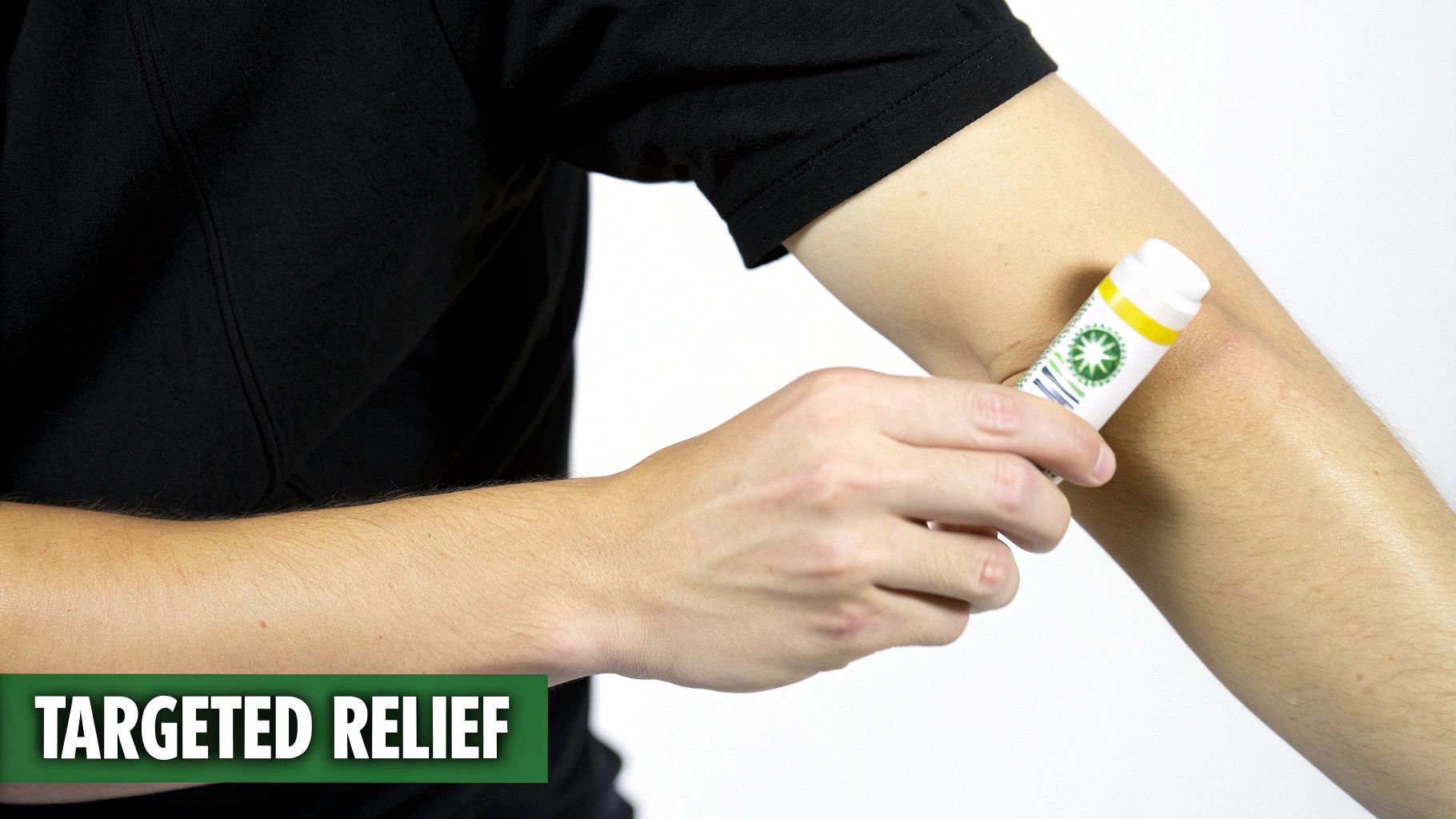 A person applies a white and green targeted relief stick to their elbow for pain.