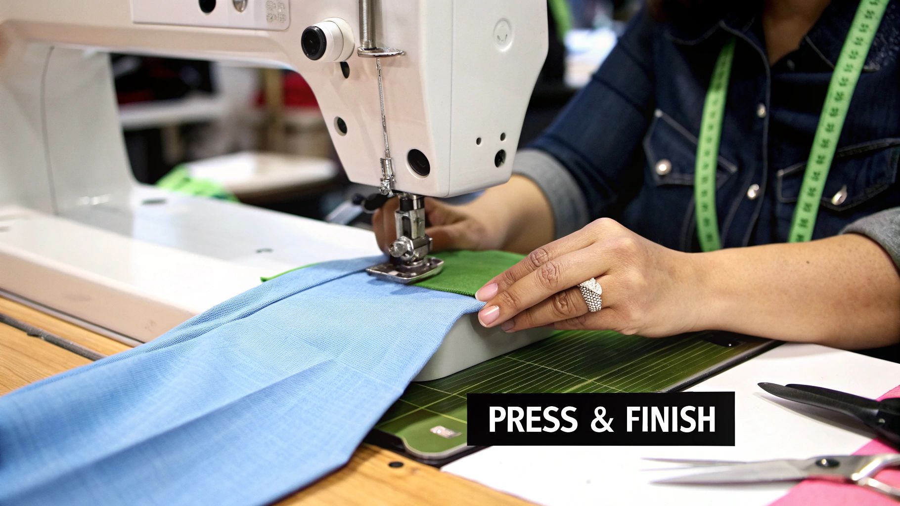 Professional seamstress using industrial sewing machine to press and finish blue fabric seam