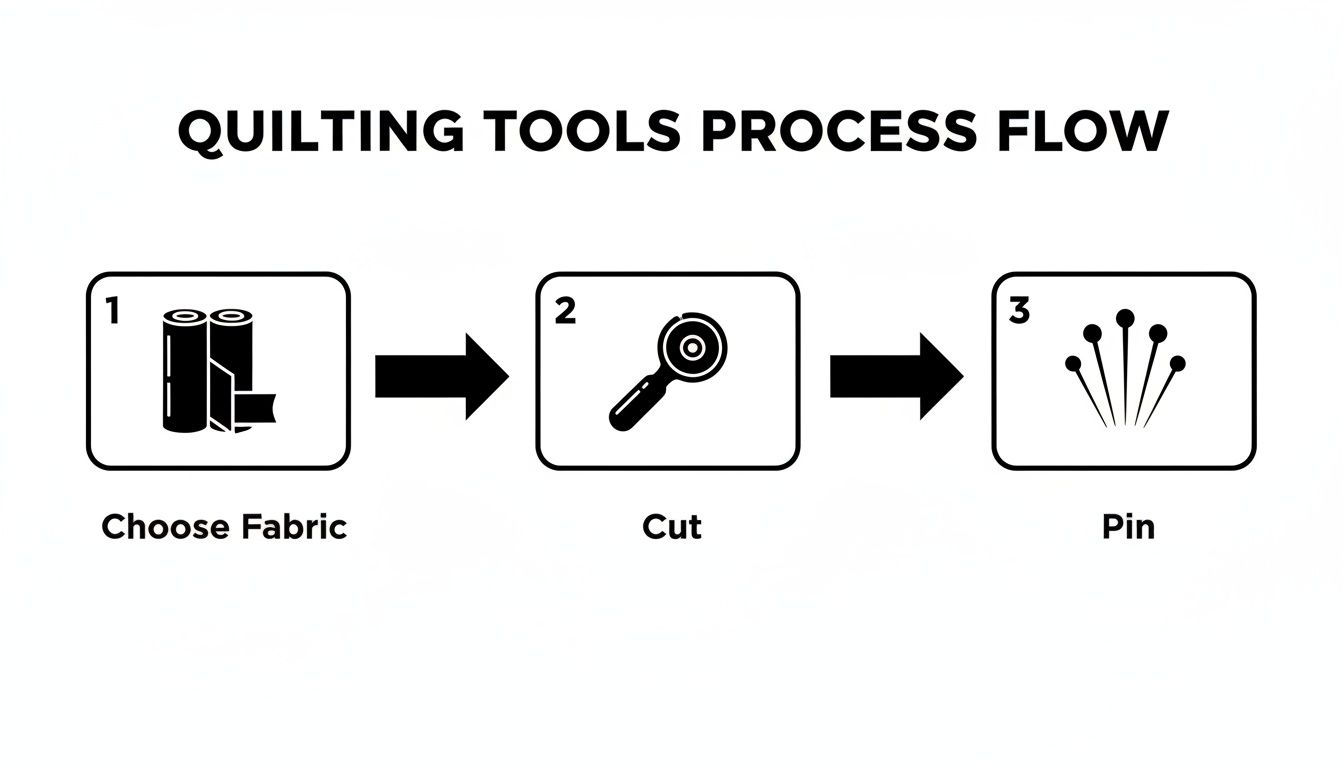 A quilting process flow chart showing steps: choose fabric, cut with rotary cutter, and pin.