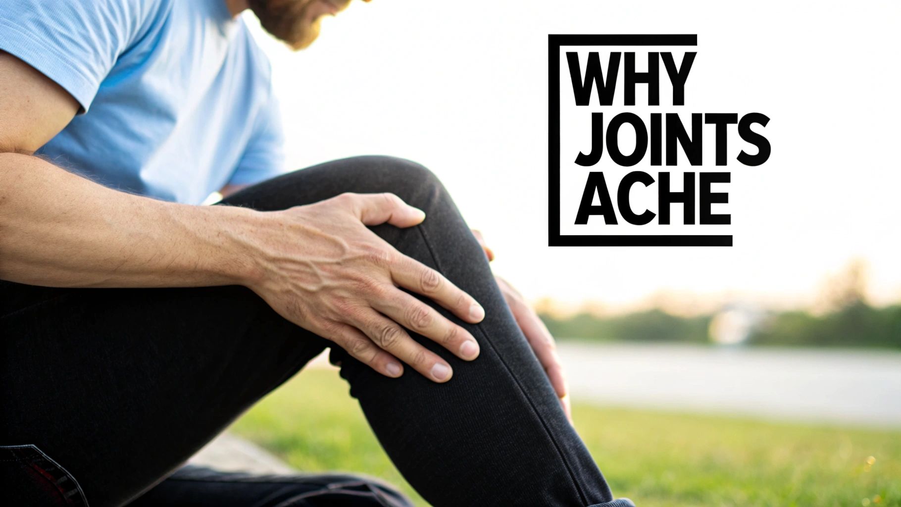 A man sitting outdoors, holding his knee in pain, with the text 'WHY JOINTS ACHE'.