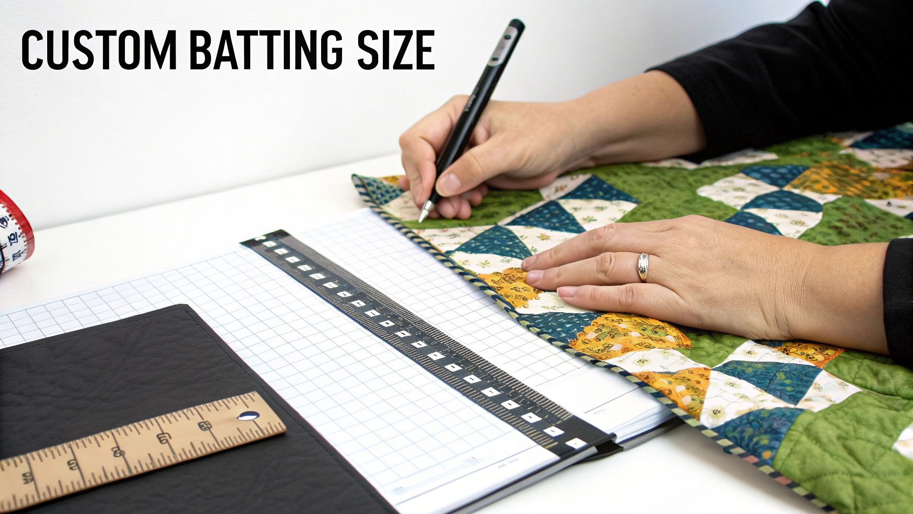 Hands are marking custom batting size on a quilt with a pen, ruler, and graph paper.