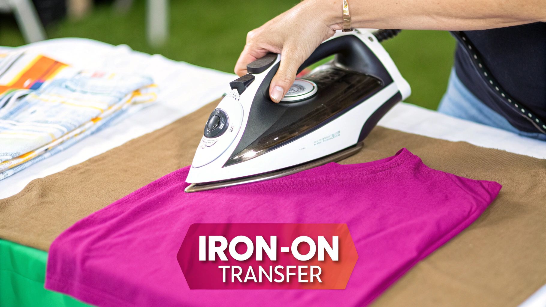 An iron-on embroidery pattern being applied to fabric with a hot iron.
