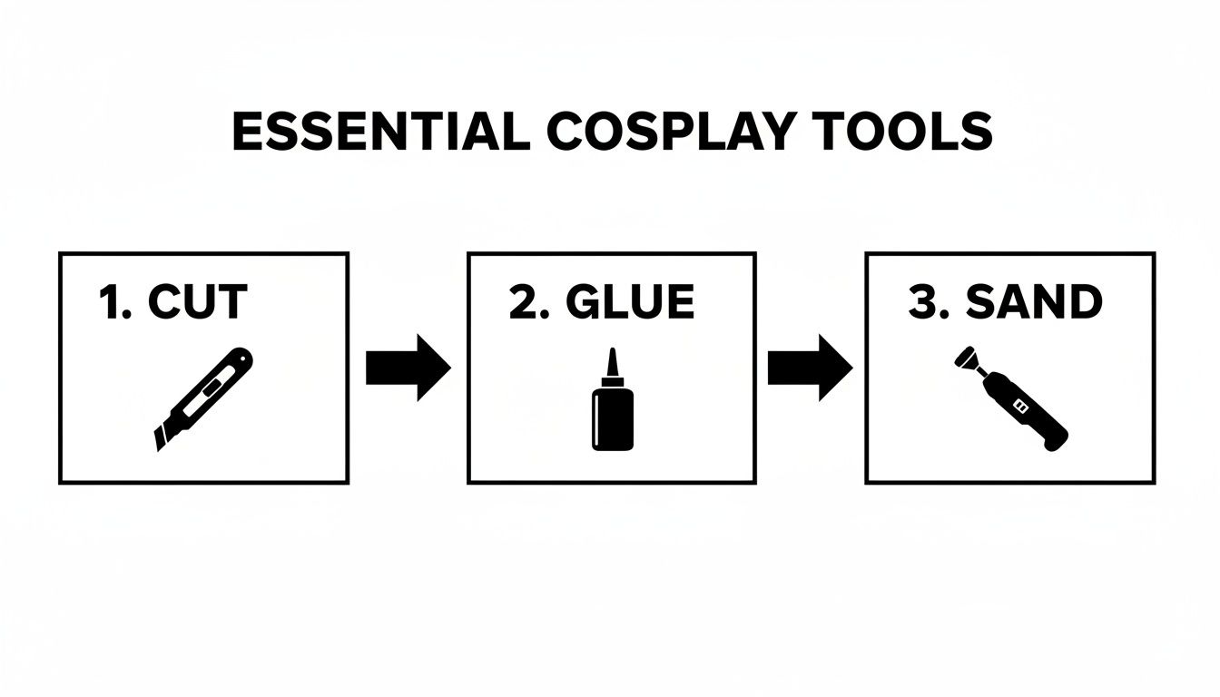 A graphic showing essential cosplay tools: utility knife for cutting, glue for assembly, and a rotary tool for sanding.