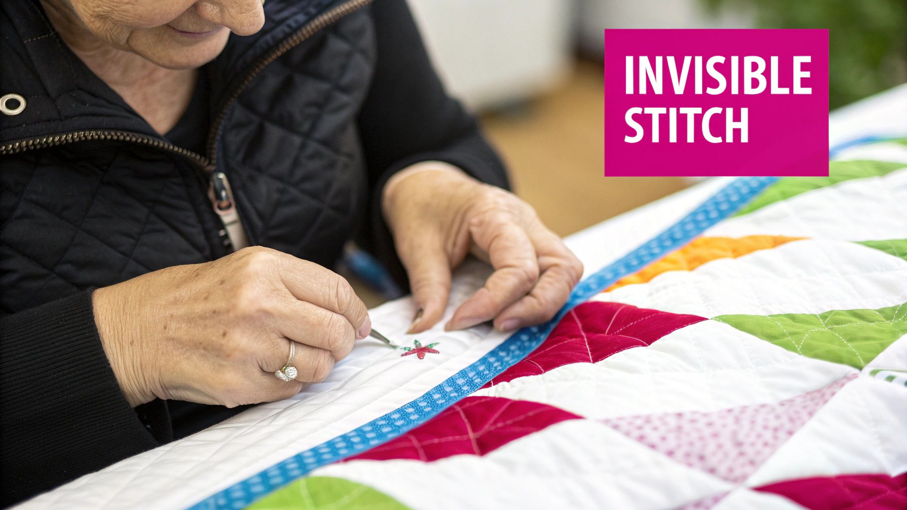 A close-up shot of a quilter's hands performing a delicate, invisible stitch on the binding of a quilt.