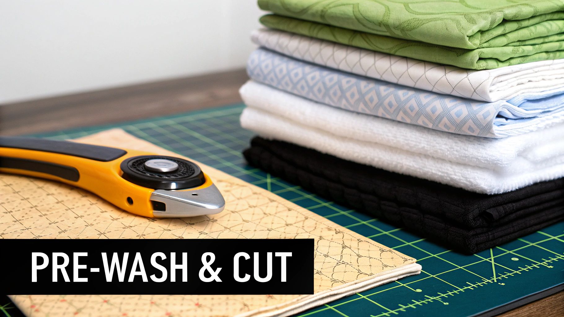 A stack of colorful fabrics and a rotary cutter on a green cutting mat, ready for quilting.