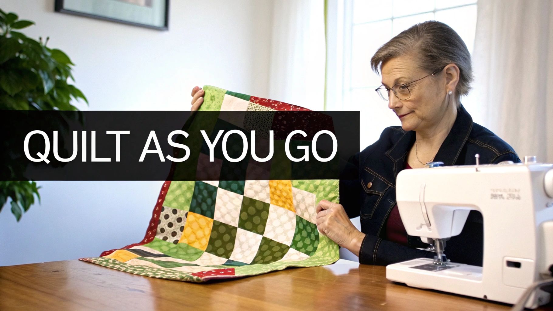 An older woman with glasses works on a colorful patchwork quilt using a sewing machine.