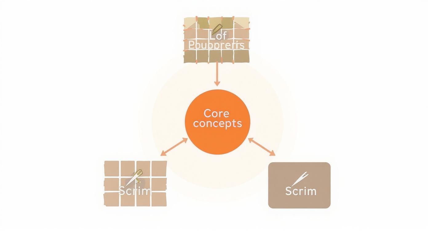 A conceptual diagram showing 'Core concepts' connected to 'Lof Pbubprelis' and two 'Scrim' elements.