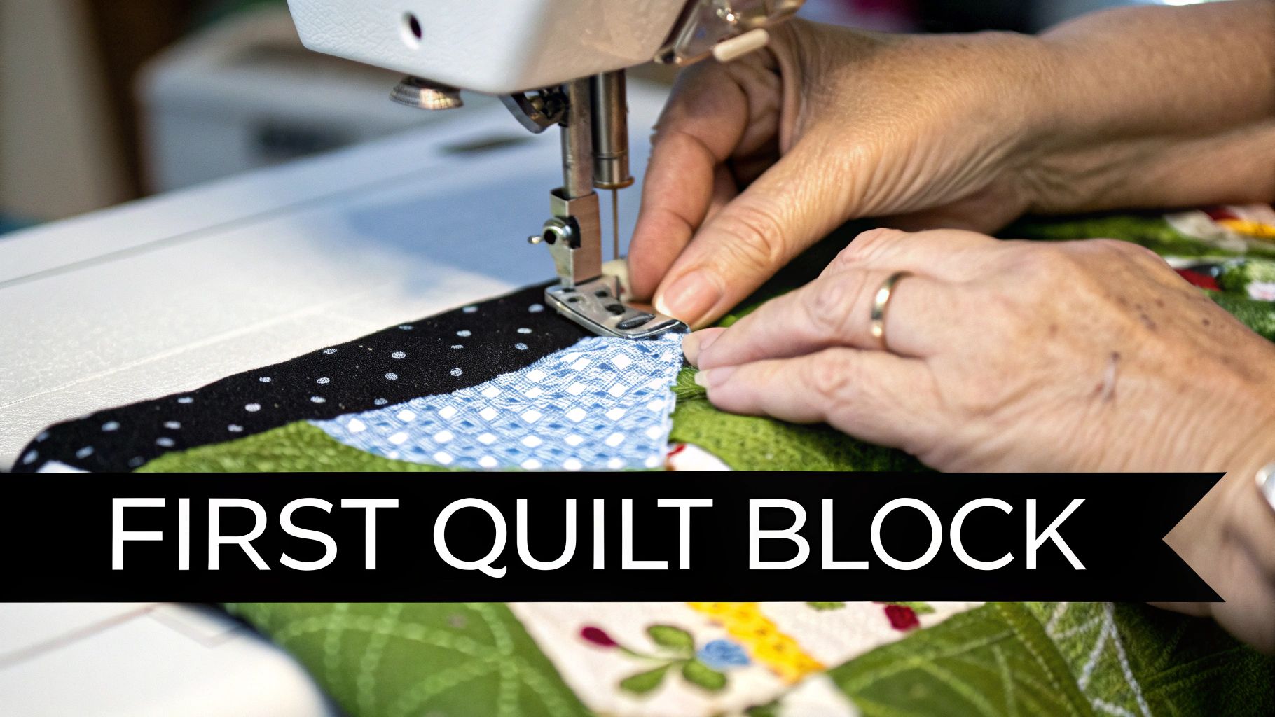 Sewing machine stitching together strips of colorful fabric to create a quilt block.