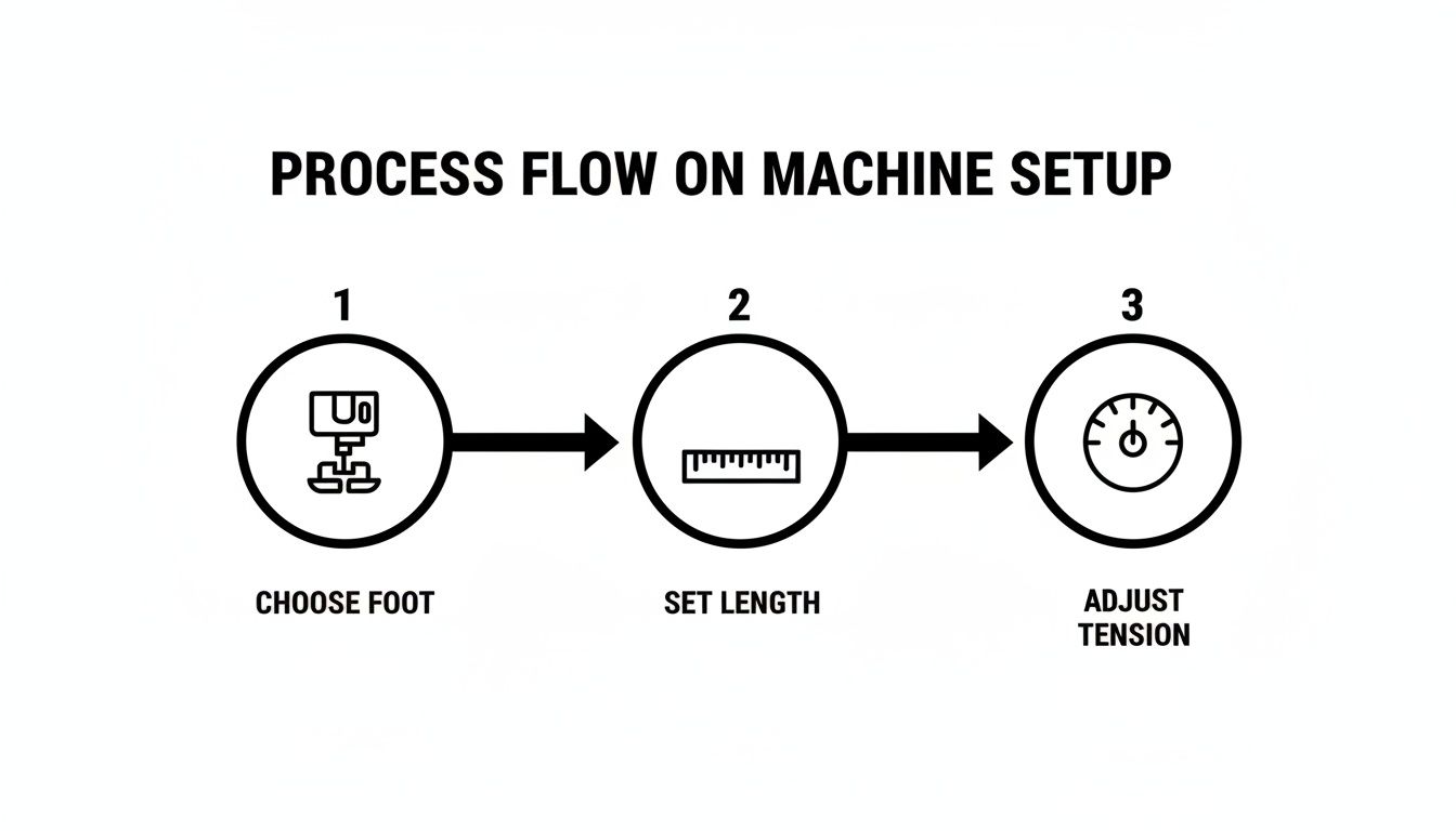 A three-step process flow diagram illustrating sewing machine setup: Choose Foot, Set Length, Adjust Tension.