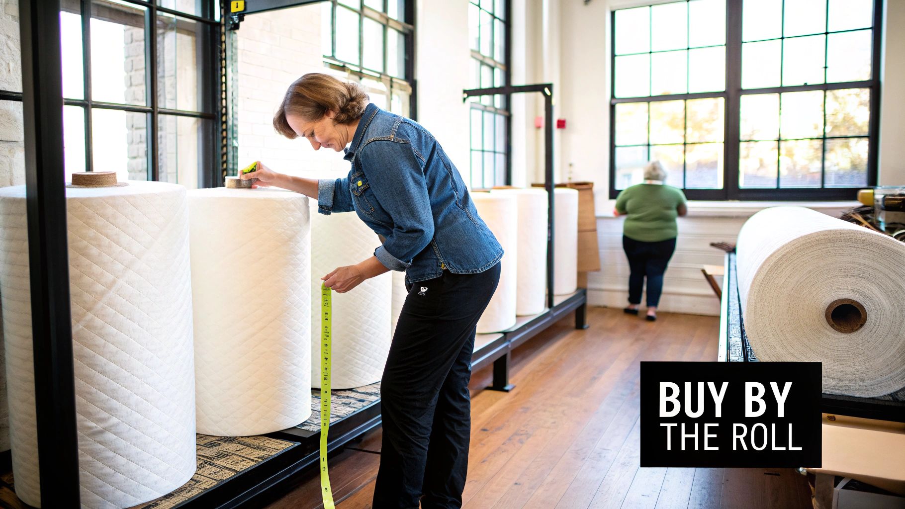 A woman measures large white quilted fabric rolls on a rack in a workshop, another person in background.