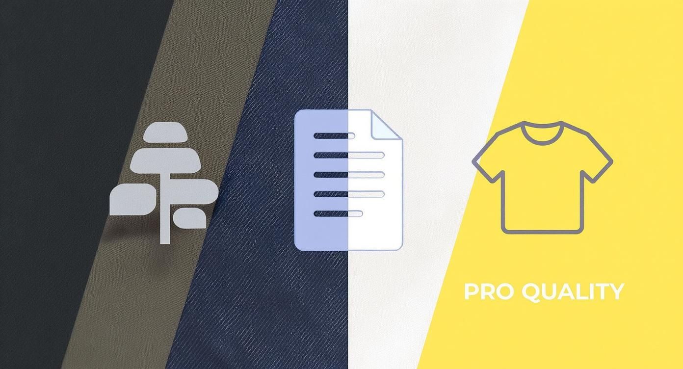 Three sections with icons: a stylized tree, a document, and a t-shirt with 'PRO QUALITY' text.